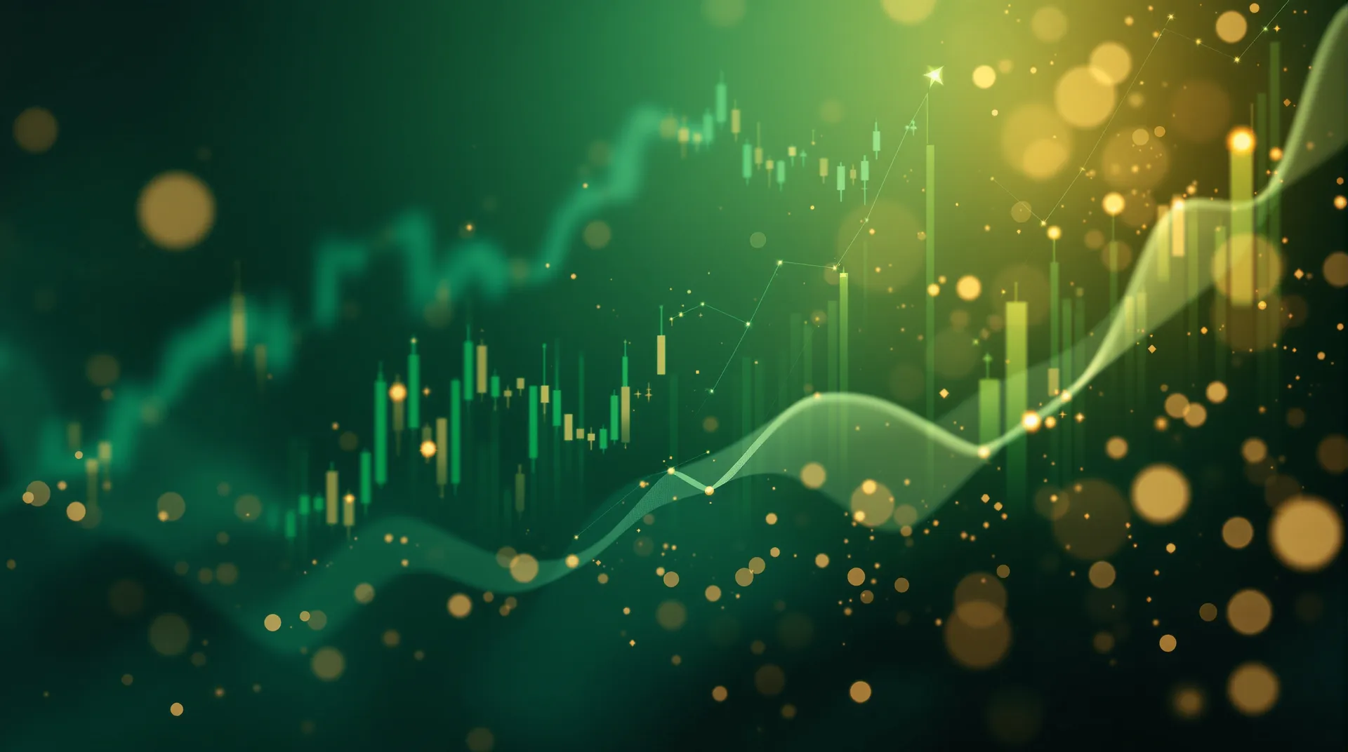 Financial charts and data on emerald background